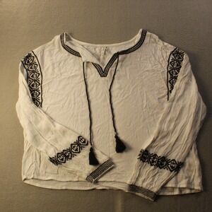 Mudd Boho Blouse Womens L Cream Embroidered Tassel Tie Peasant Festival Top